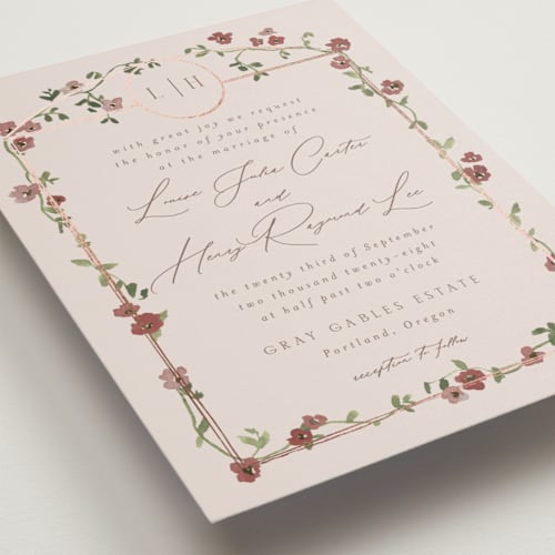 This is a merlot foil stamped wedding invitations with foil pressed by Everett Paper Goods called portico printing on signature in standard
