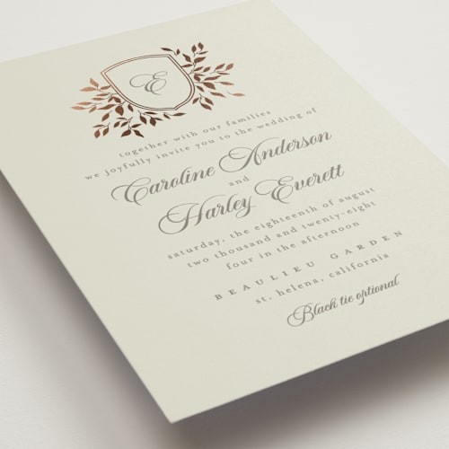 This is a leaf foil stamped wedding invitations with foil pressed by Kristie Kern called aperol printing on signature in standard