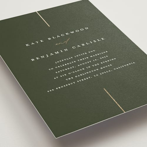 This is a olive foil stamped wedding invitations with foil pressed by Erica Krystek called formal lines printing on signature in standard