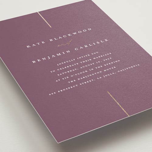 This is a lilac foil stamped wedding invitations with foil pressed by Erica Krystek called formal lines printing on signature in standard