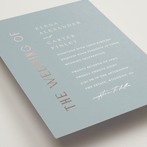 This is a provincial foil stamped wedding invitations with foil pressed by Angela Thompson called gilded edge printing on signature in standard