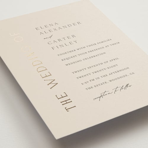 This is a ivory foil stamped wedding invitations with foil pressed by Angela Thompson called gilded edge printing on signature in standard