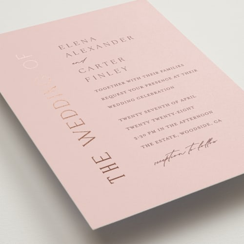 This is a rose foil stamped wedding invitations with foil pressed by Angela Thompson called gilded edge printing on signature in standard
