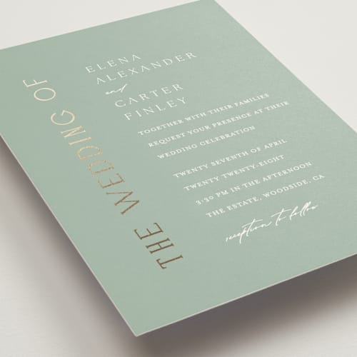 This is a sage foil stamped wedding invitations with foil pressed by Angela Thompson called gilded edge printing on signature in standard