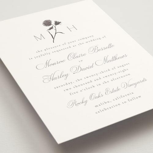 This is a platinum foil stamped wedding invitations with foil pressed by Kristie Kern called the romantic printing on signature in standard
