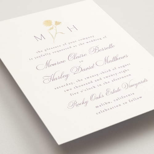 This is a lavender foil stamped wedding invitations with foil pressed by Kristie Kern called the romantic printing on signature in standard