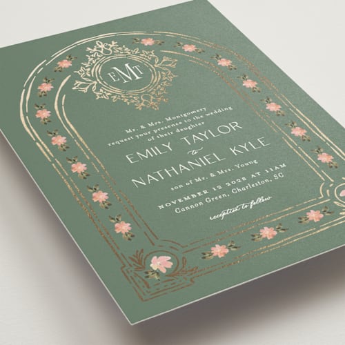 This is a pine foil stamped wedding invitations with foil pressed by Claudia Orengo called princess printing on signature in standard