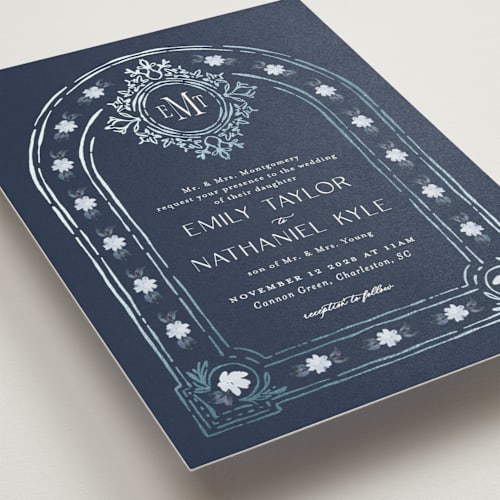 This is a navy foil stamped wedding invitations with foil pressed by Claudia Orengo called princess printing on signature in standard