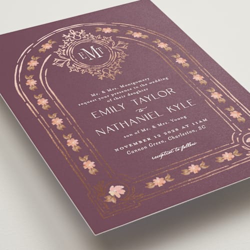 This is a grape foil stamped wedding invitations with foil pressed by Claudia Orengo called princess printing on signature in standard