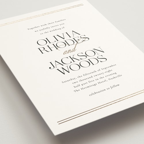 This is a spun sugar foil stamped wedding invitations with foil pressed by Jessica Williams called fineline printing on signature in standard