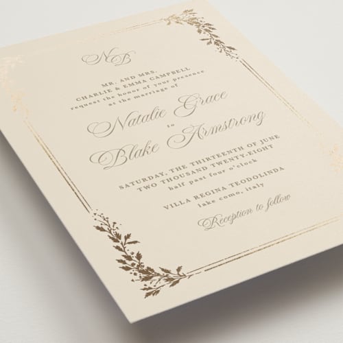 This is a ivory foil stamped wedding invitations with foil pressed by Kate Ahn called lake como printing on signature in standard