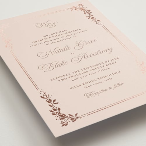 This is a blush foil stamped wedding invitations with foil pressed by Kate Ahn called lake como printing on signature in standard