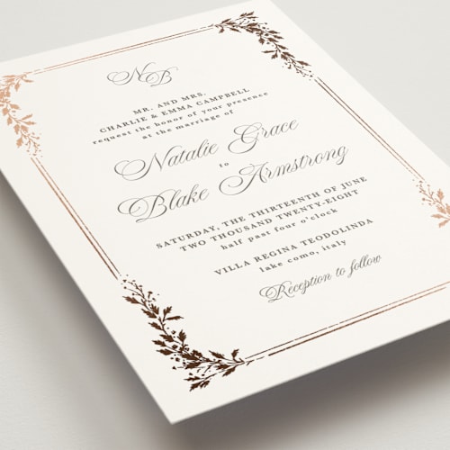 This is a truffle foil stamped wedding invitations with foil pressed by Kate Ahn called lake como printing on signature in standard