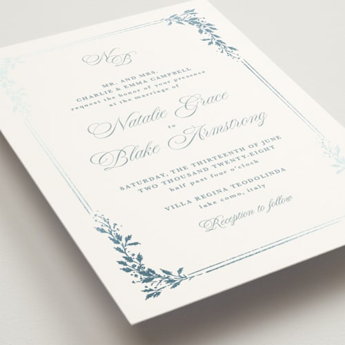 This is a sky foil stamped wedding invitations with foil pressed by Kate Ahn called lake como printing on signature in standard