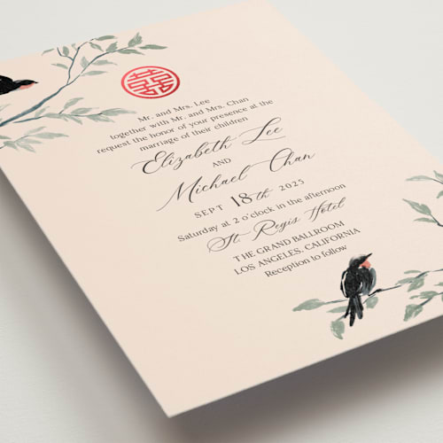 This is a cream foil stamped wedding invitations with foil pressed by Elly called lovebirds printing on signature in standard