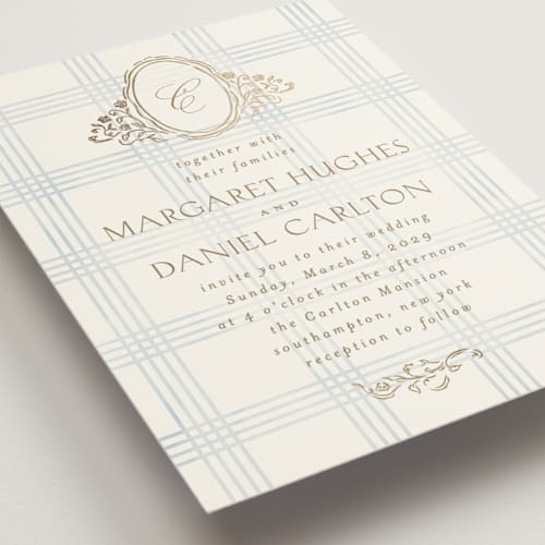 This is a belair foil stamped wedding invitations with foil pressed by Grae called salt and ivory printing on signature in standard