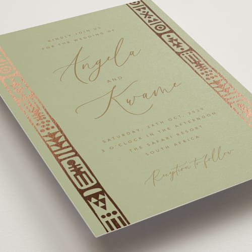 This is a foliage foil stamped wedding invitations with foil pressed by David Michuki called cultured element printing on signature in standard