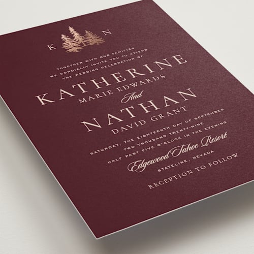 This is a berry foil stamped wedding invitations with foil pressed by Stacy Maalouf called gilded forest printing on signature in standard