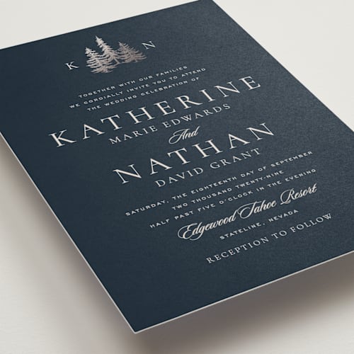 This is a midnight foil stamped wedding invitations with foil pressed by Stacy Maalouf called gilded forest printing on signature in standard