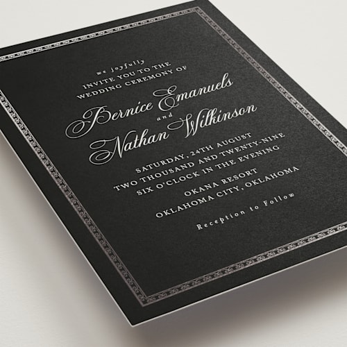 This is a obsidian foil stamped wedding invitations with foil pressed by Deynaaz Daraei called ahlum printing on signature in standard