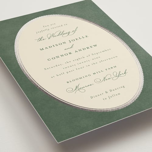 This is a rosemary foil stamped wedding invitations with foil pressed by Emily Betts called vintage oval printing on signature in standard