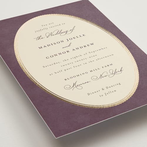 This is a aubergine foil stamped wedding invitations with foil pressed by Emily Betts called vintage oval printing on signature in standard