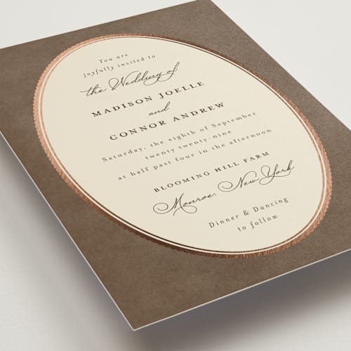 This is a tea foil stamped wedding invitations with foil pressed by Emily Betts called vintage oval printing on signature in standard