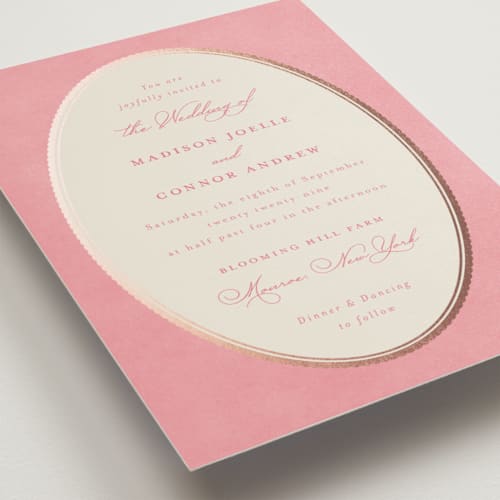 This is a rosebud foil stamped wedding invitations with foil pressed by Emily Betts called vintage oval printing on signature in standard