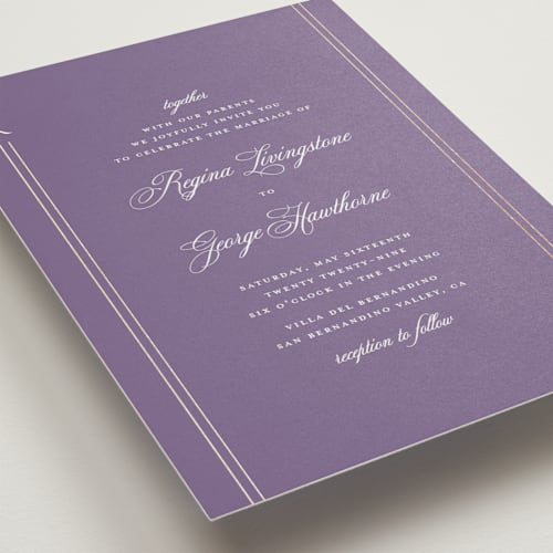 This is a lavender foil stamped wedding invitations with foil pressed by Jelena Vuletic called elencourt printing on signature in standard