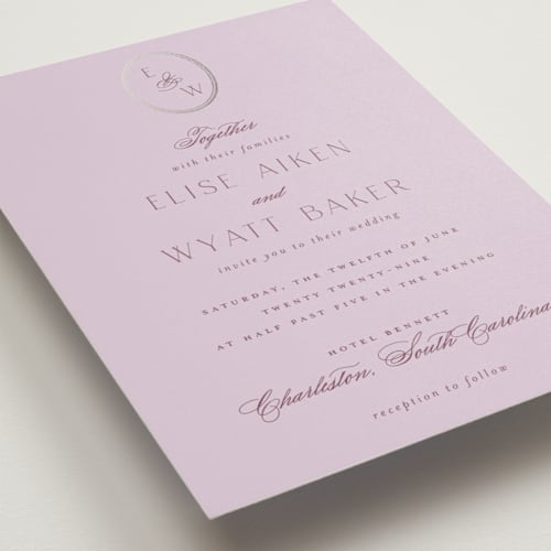 This is a lilac foil stamped wedding invitations with foil pressed by Emily Betts called scallop monogram printing on signature in standard