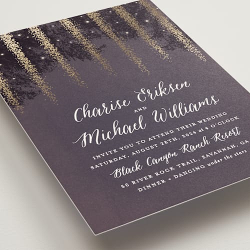 This is a plum foil stamped wedding invitations with foil pressed by Hooray Creative called strands of lights printing on signature in standard