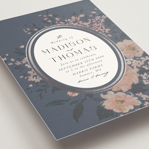 This is a indigo foil stamped wedding invitations with foil pressed by Itsy Belle Studio called madison printing on signature in standard