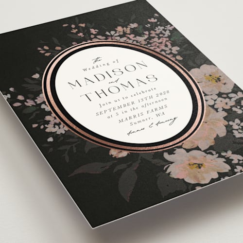 This is a ebony foil stamped wedding invitations with foil pressed by Itsy Belle Studio called madison printing on signature in standard