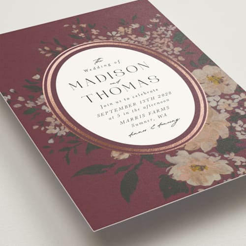 This is a burgundy foil stamped wedding invitations with foil pressed by Itsy Belle Studio called madison printing on signature in standard