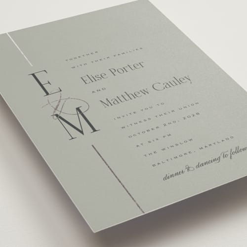 This is a sage foil stamped wedding invitations with foil pressed by Laura Hankins called linear printing on signature in standard