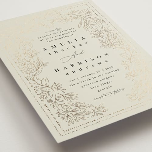 This is a taupe foil stamped wedding invitations with foil pressed by Hannah Williams called foil botanical frame printing on signature in standard