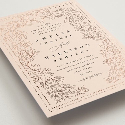 This is a blush foil stamped wedding invitations with foil pressed by Hannah Williams called foil botanical frame printing on signature in standard