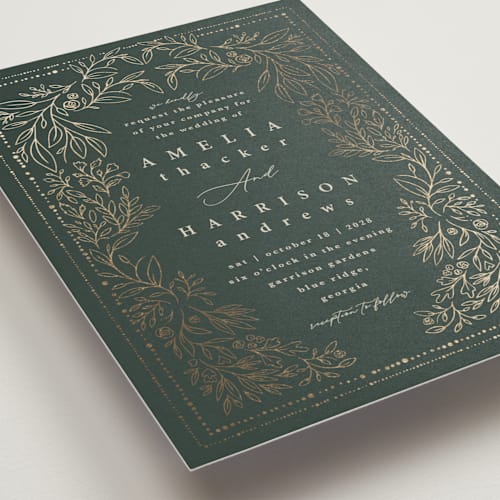 This is a forest foil stamped wedding invitations with foil pressed by Hannah Williams called foil botanical frame printing on signature in standard