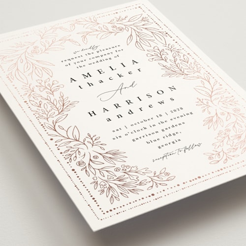 This is a lace foil stamped wedding invitations with foil pressed by Hannah Williams called foil botanical frame printing on signature in standard