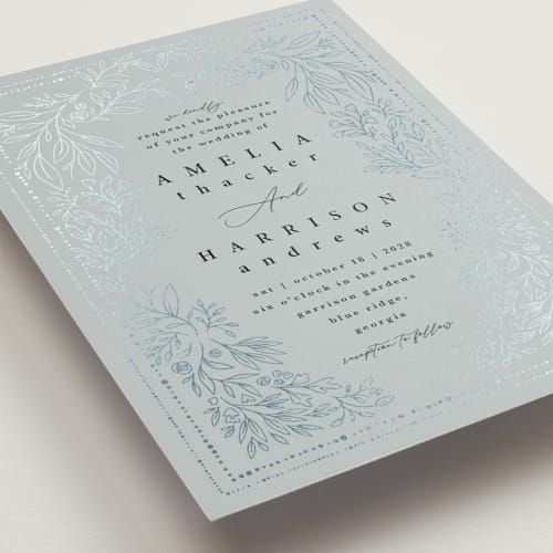 This is a mist foil stamped wedding invitations with foil pressed by Hannah Williams called foil botanical frame printing on signature in standard