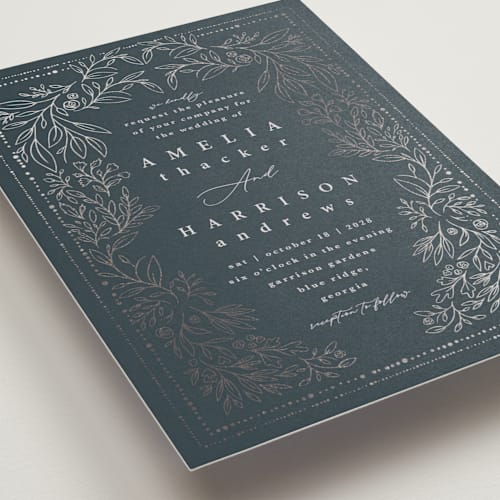 This is a night foil stamped wedding invitations with foil pressed by Hannah Williams called foil botanical frame printing on signature in standard