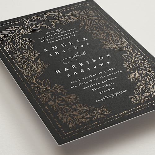 This is a twilight foil stamped wedding invitations with foil pressed by Hannah Williams called foil botanical frame printing on signature in standard