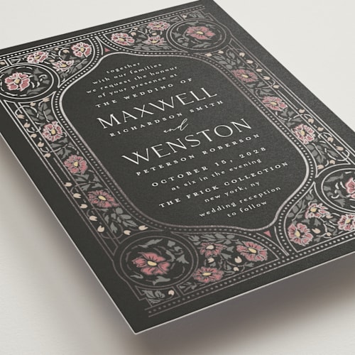 This is a ebony foil stamped wedding invitations with foil pressed by Ana de Sousa called timeless nature printing on signature in standard