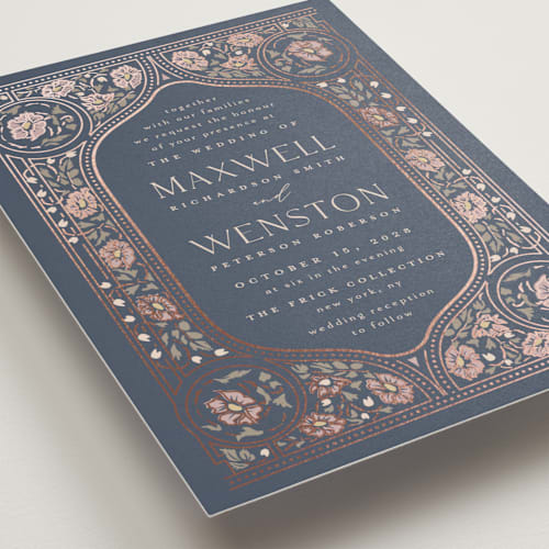This is a sapphire foil stamped wedding invitations with foil pressed by Ana de Sousa called timeless nature printing on signature in standard