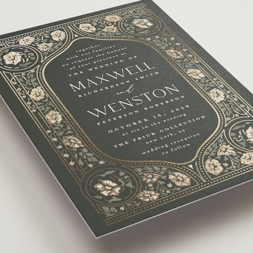 This is a emerald foil stamped wedding invitations with foil pressed by Ana de Sousa called timeless nature printing on signature in standard
