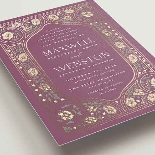 This is a dusty rose foil stamped wedding invitations with foil pressed by Ana de Sousa called timeless nature printing on signature in standard