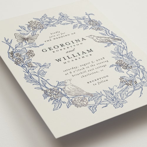 This is a cornflower foil stamped wedding invitations with foil pressed by Grae called meet me in the garden printing on signature in standard