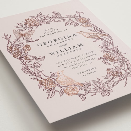 This is a merlot foil stamped wedding invitations with foil pressed by Grae called meet me in the garden printing on signature in standard