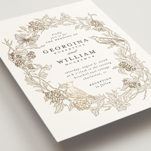 This is a lace foil stamped wedding invitations with foil pressed by Grae called meet me in the garden printing on signature in standard