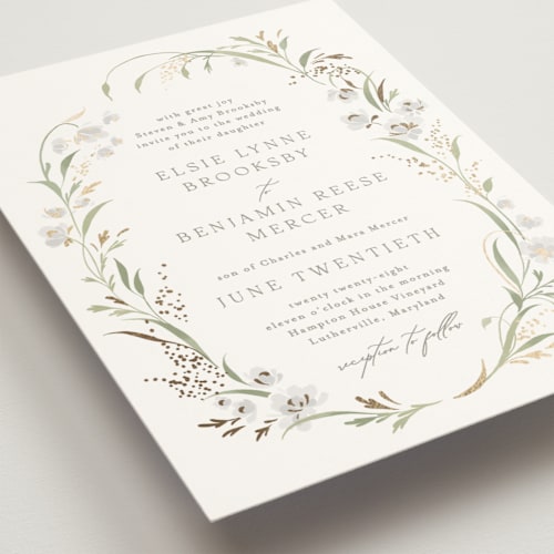 This is a snowdrop foil stamped wedding invitations with foil pressed by Erin L. Wilson called meadow printing on signature in standard